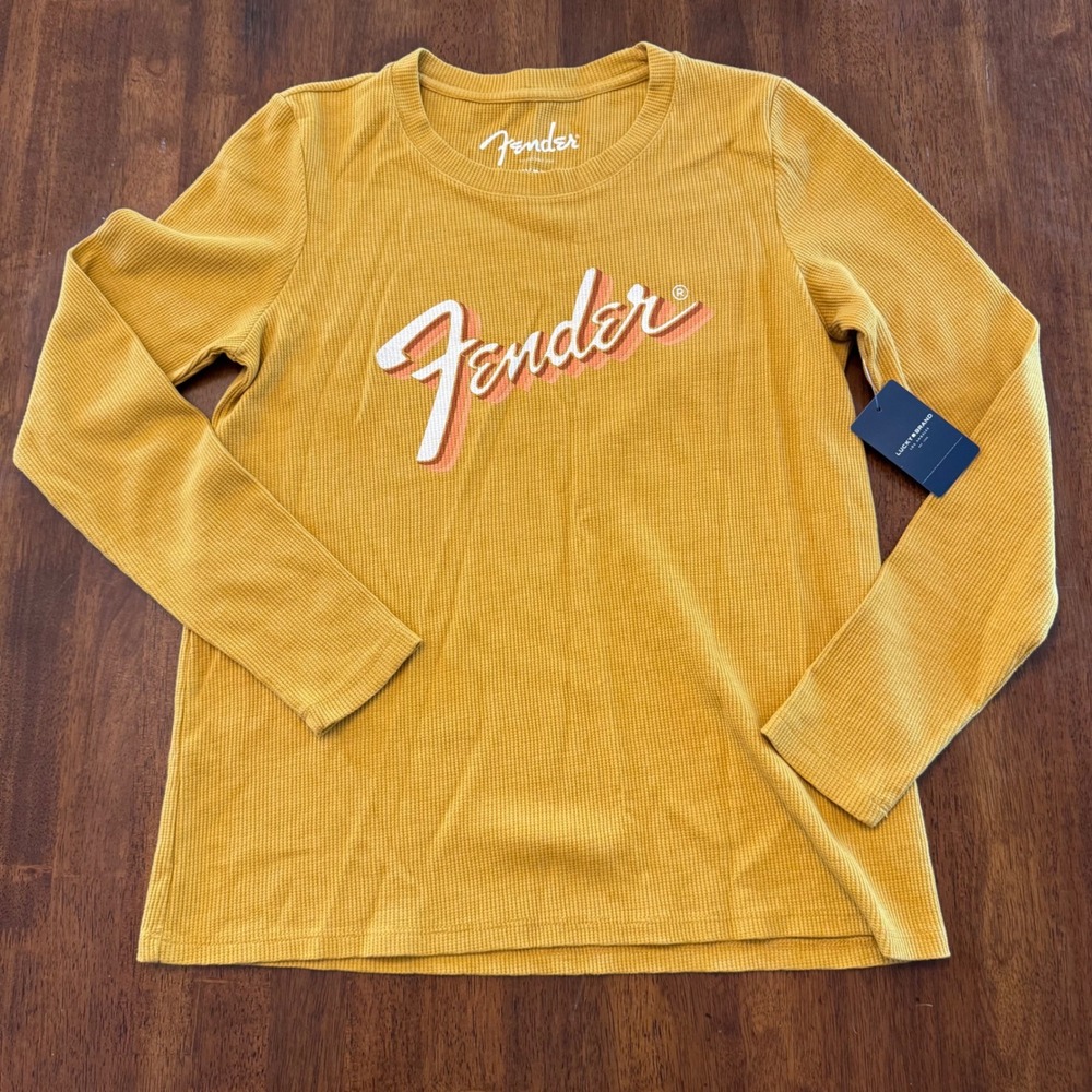 Lucky Brand Fender Long Sleeve Thermal Waffle Knit Graphic Top Yellow Small NEW‎